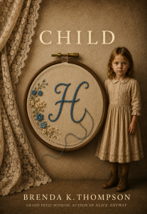 Book cover for 'Child' featuring a young girl in a vintage beige dress beside a large embroidery hoop with a blue letter H and floral details, in a sepia-toned room with lace curtains.