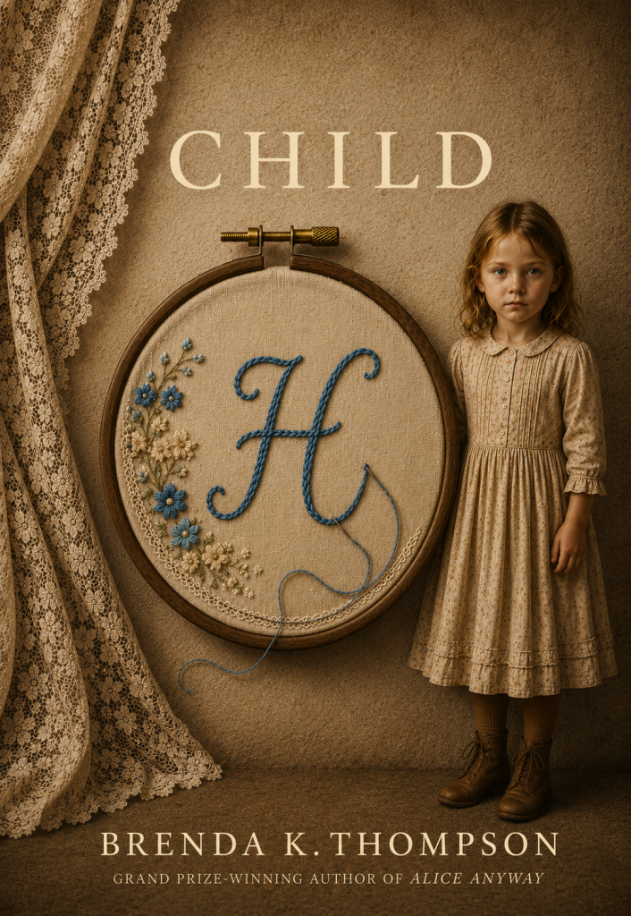 Book cover for 'Child' featuring a young girl in a vintage beige dress beside a large embroidery hoop with a blue letter H and floral details, in a sepia-toned room with lace curtains.