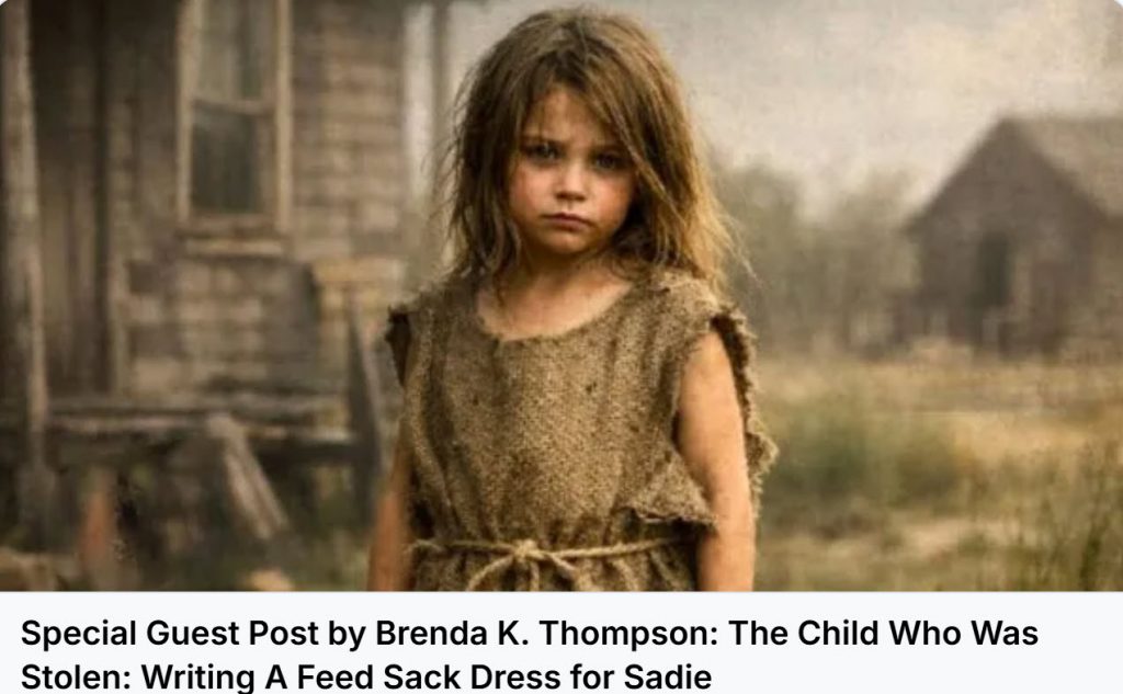 Young girl in a torn burlap dress stands on a dusty, deserted town street with a sad expression.