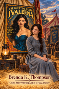 Book cover: two women in period dresses in front of a large poster that reads 'THE GREAT MERIDIAN IVALENA' with warm circus-y backdrop.