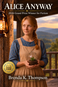 Book cover showing a young woman in a blue dress and beige apron holding a glass jar with a small plant on a wooden porch at sunset, with lantern light nearby.