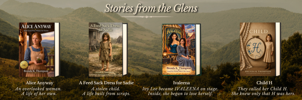 Banner with the title 'Stories from the Glens' over a misty hillside landscape, four book covers displayed left to right: Alice Anyway by Brenda K. Thompson; A Feed Sack Dress for Sadie; Ivaleena; Child H.